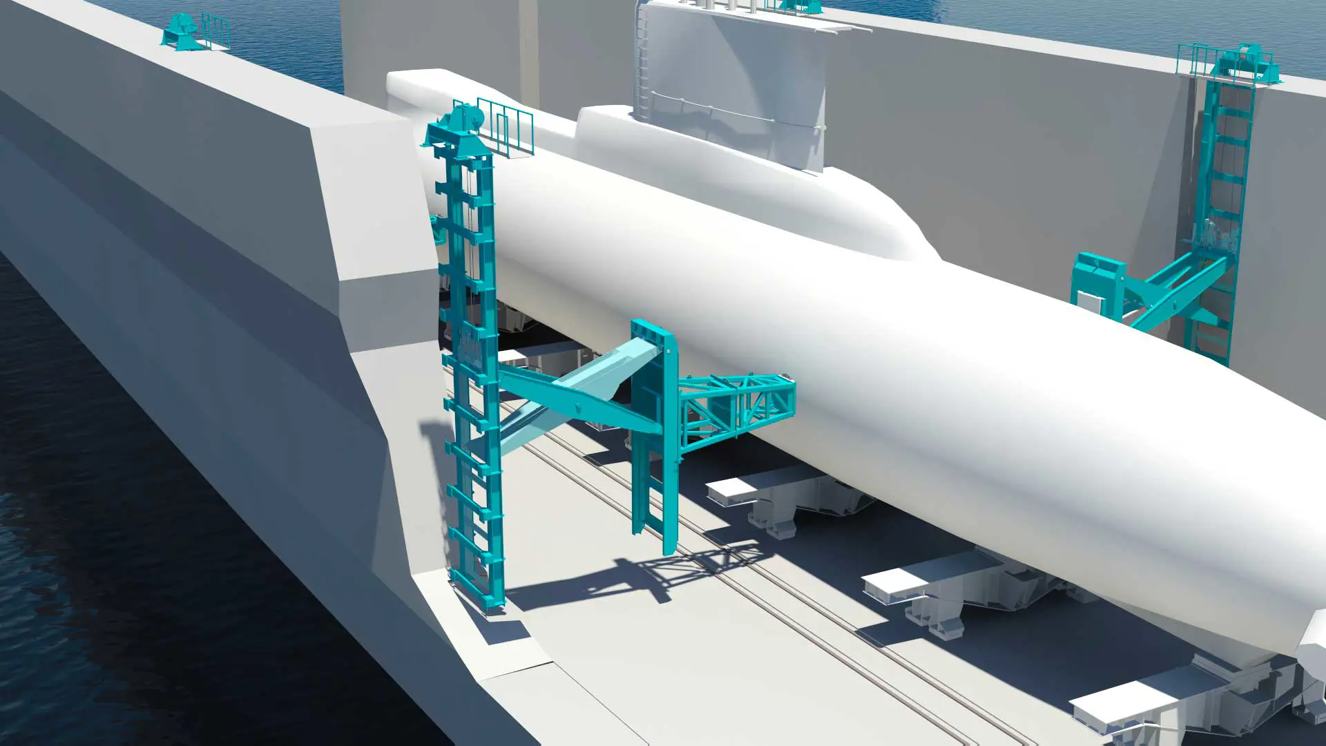 side support arms controlling a submarine in drydock